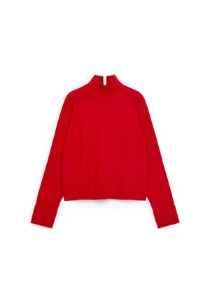 Bright red knit sweater with a high ribbed mock neck, long sleeves, and wide ribbed cuffs, laid flat on a white background.