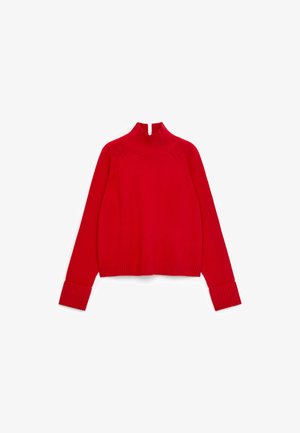 Bright red knit sweater with a high ribbed mock neck, long sleeves, and wide ribbed cuffs, laid flat on a white background.