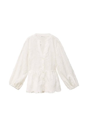 Blusa bianca a maniche lunghe con ricamo floreale a occhielli, chiusura frontale con bottoni, polsini elasticizzati e orlo peplum con vita arricciata.