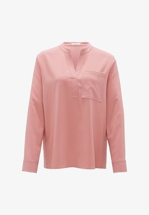 Chemise rose pâle à manches longues avec un col montant, dotée d'une poche avant et d'une coupe décontractée. Fabriquée en tissu lisse et léger.