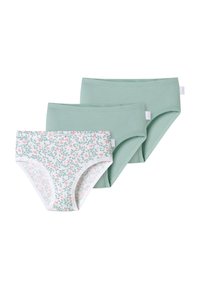 Three pairs of women's briefs: one white with floral pattern, two solid light green. Soft cotton material, mid-rise design, smooth texture.