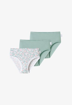 Three pairs of women's briefs: one white with floral pattern, two solid light green. Soft cotton material, mid-rise design, smooth texture.