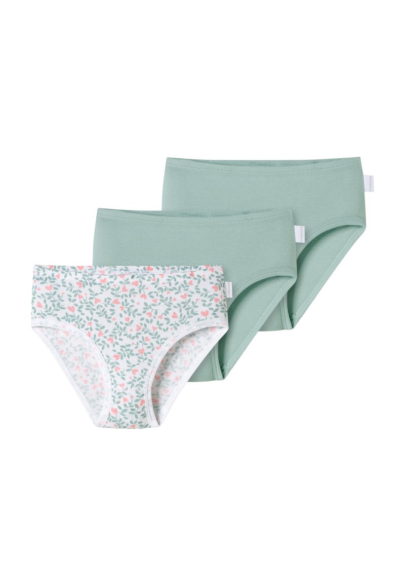 Three pairs of women's briefs: one white with floral pattern, two solid light green. Soft cotton material, mid-rise design, smooth texture.