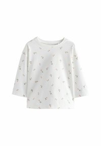 Lichte, witte katoenen shirt met driekwartmouwen, versierd met een klein bloemenpatroon in roze en groen.
