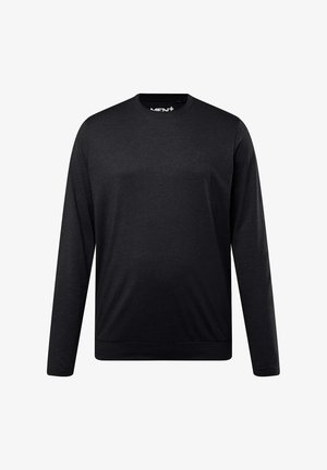 Sudadera negra de manga larga hecha de una tela suave, con cuello redondo, puños acanalados y un logo sutil en la parte frontal.