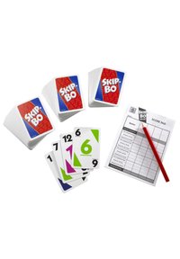 Skip-Bo card game set featuring stacked cards with red and blue design, white number cards in various colors, and a score pad with a red pencil.