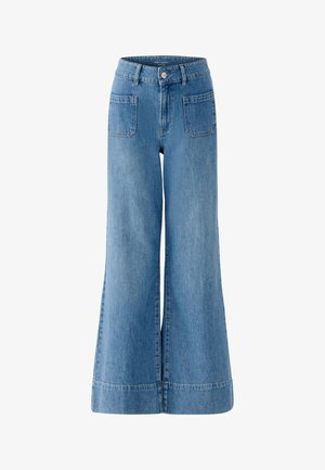 Light blue denim wide-leg pants with high waist, front pockets, belt loops, button closure, and visible seam detailing at the hem.