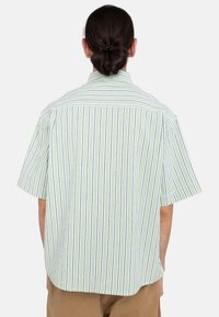 Kortarmig shirt met verticale groene, blauwe en witte strepen, gemaakt van een lichte stof met een relaxte pasvorm en een achterste schoudernaad.