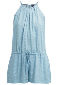 Robe sans manches bleu clair avec petit motif losange, encolure halter et taille avec cordon nouée à l'avant.
