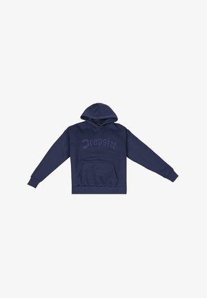 Tengerészkék kapucnis pulóver pamut keverékből, elülső zsebbel, a mellkason tónusos logónyomattal és bordázott ujjakra és aljára.