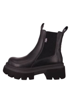 Bottines Chelsea en cuir noir avec des panneaux latéraux élastiques, semelles en caoutchouc épaisses et languettes; design élégant avec une finition lisse et des accents texturés.