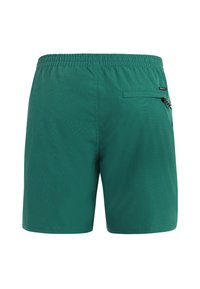 Groene zwembroek met een elastische tailleband, een achterzak met rits en glad, lichtgewicht materiaal.