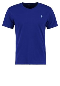 Royalblå kortärmad T-shirt med V-hals och en liten ljusblå polo-spelare logotyp på vänster bröst.