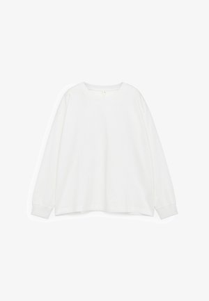 Einfarbiges, weißes langärmliges Crew-Neck-Shirt mit gerippten Bündchen, lockerer Passform und ohne sichtbare Muster oder Logos, auf einem weißen Hintergrund präsentiert.