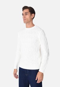 Maglione bianco lavorato a maglia con un motivo a diamante testurizzato, scollo rotondo, polsini e orlo a costine, indossato sopra jeans in denim scuro.