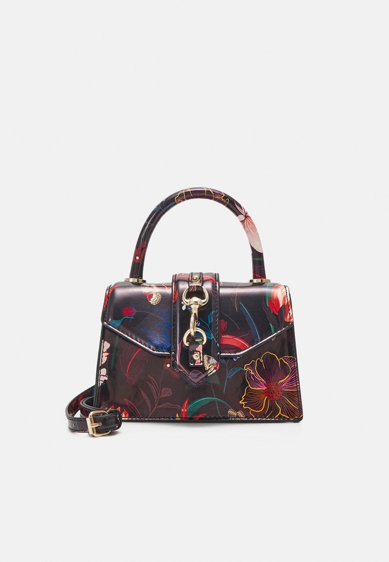 Sac à main en cuir noir avec imprimé floral coloré, poignée supérieure, fermoir avant avec quincaillerie dorée, et bandoulière amovible.