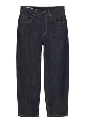 Jean en denim bleu foncé avec poches avant, passants de ceinture, et fermeture par bouton, présenté à plat sur fond blanc.