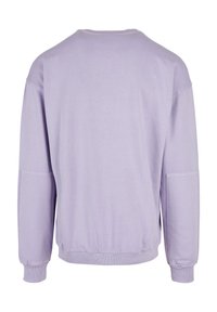 Maglione pullover lilla con scollatura rotonda, maniche lunghe, polsini a costine e orlo arricciato. Tessuto liscio e morbido senza motivi.