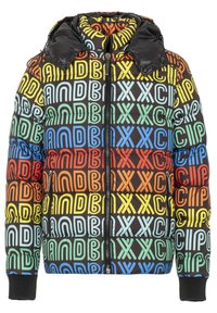 Gewatteerd jack met capuchon, voorzien van een meerkleurig tekstpatroon op een zwarte achtergrond. Ritssluiting en geribbelde manchetten.