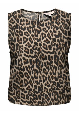 Blouse sans manches avec motif léopard marron et noir, encolure ronde et fermeture bouton à œillet au dos.