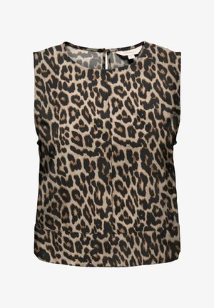 Blouse sans manches avec motif léopard marron et noir, encolure ronde et fermeture bouton à œillet au dos.