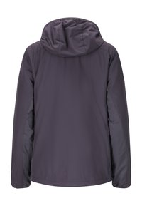 Hoodiejacka i mörklila med en slät, matt ytfinish. Har långa ärmar och rak nederkant. Inga synliga fickor eller utsmyckningar.