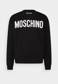 Černá mikina s bílým logem "MOSCHINO" vytištěným na přední straně. Má kulatý výstřih a pružné manžety, vyrobena z měkké tkaniny.