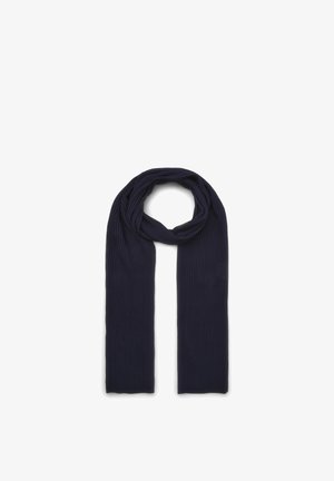 Dark navy ribbed knit scarf laid flat with a loop at the top, showing texture and length against a white background.