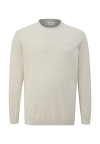 Lichtbeige gebreide trui met een ronde hals, lange mouwen, geribbelde manchetten en zoom, met een klein logo accent op de borst.