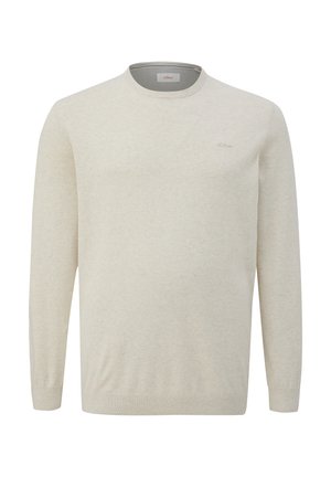 Lichtbeige gebreide trui met een ronde hals, lange mouwen, geribbelde manchetten en zoom, met een klein logo accent op de borst.