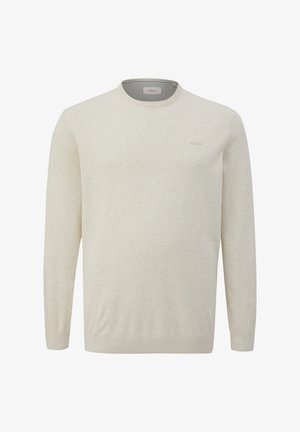 Lichtbeige gebreide trui met een ronde hals, lange mouwen, geribbelde manchetten en zoom, met een klein logo accent op de borst.