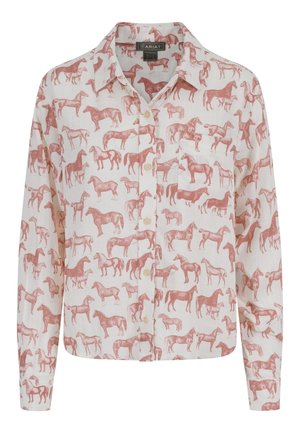 Button-up shirt made of lightweight fabric, featuring a cream base with a repeated red horse silhouette pattern. Long sleeves with a collar.