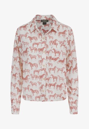 Button-up shirt made of lightweight fabric, featuring a cream base with a repeated red horse silhouette pattern. Long sleeves with a collar.