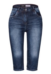 Jean cropped en denim bleu foncé avec une légère décoloration. Dispose de cinq poches, d'une fermeture à bouton et de coutures contrastantes.