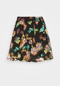 Jupe noire à fleurs avec un design plissé, présentant une variété de fleurs et de feuilles colorées en violet, orange et vert. Taille élastique.