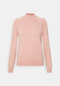 Ljusrosa tröja med långa ärmar, hög krage och raglan-design. Tillverkad av mjukt material med en slät yta och ribbade ärmar och nederkant.