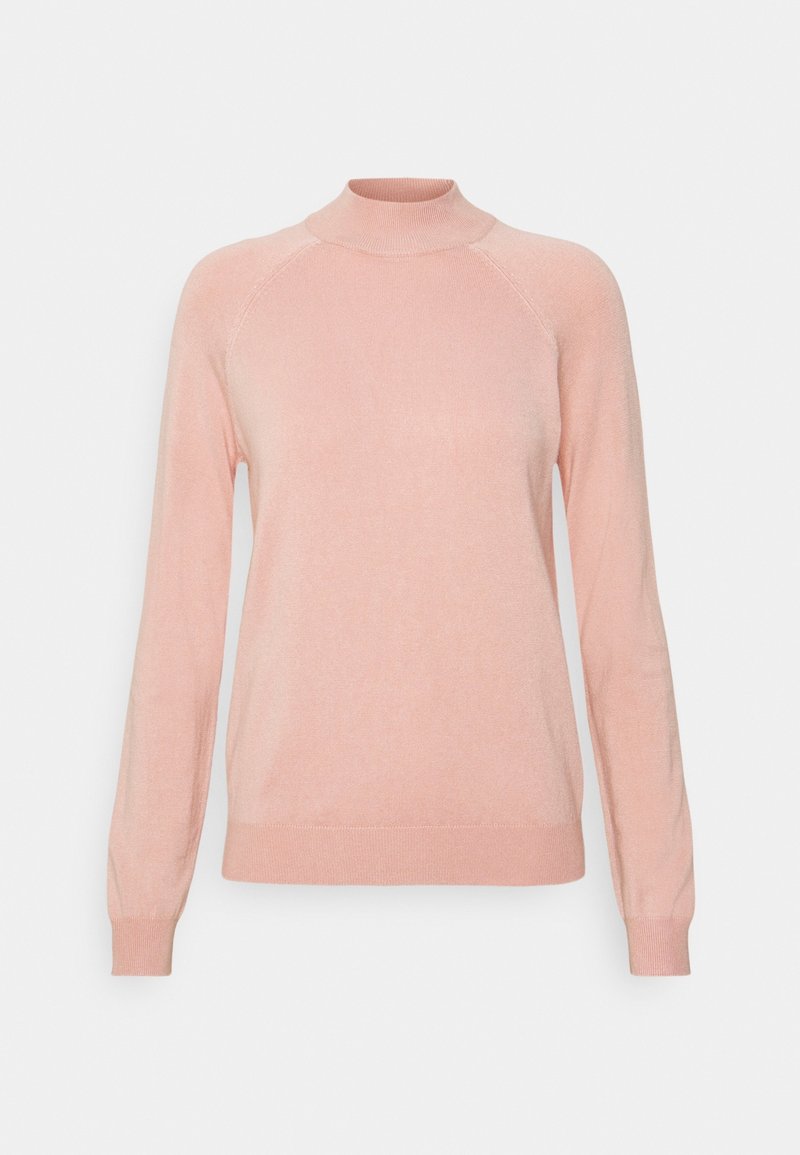 Ljusrosa tröja med långa ärmar, hög krage och raglan-design. Tillverkad av mjukt material med en slät yta och ribbade ärmar och nederkant.