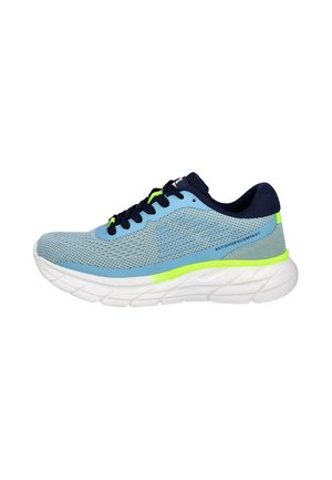 Zapatilla de correr azul claro con cordones negros, cuello azul marino, detalles en amarillo neón y suela blanca gruesa, vista lateral con el logo #XTISHOESCOMPANY.