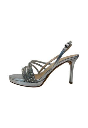 Sandalo argentato con tacco alto, cinturino alla caviglia, punta aperta, cinturini incrociati scintillanti e tacco a spillo sottile.