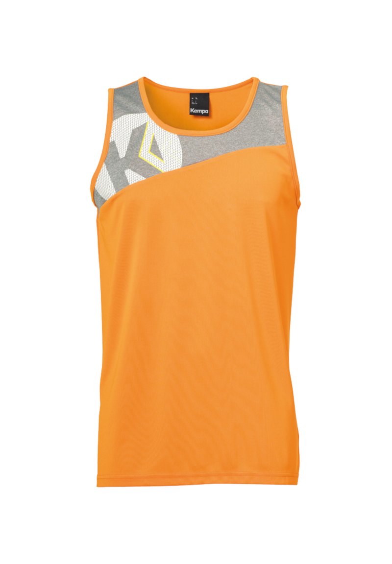 Oranges Tanktop mit grauem Schulterpaneel, das ein geometrisches Muster und ein Logo aufweist. Hergestellt aus leichtem, atmungsaktivem Material.