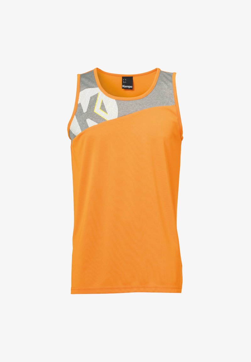 Canotta arancione con pannello grigio sulle spalle, caratterizzata da un motivo geometrico e un logo. Realizzata in materiale leggero e traspirante.