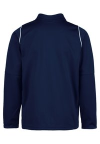 Giacca a maniche lunghe blu navy con colletto e cuciture a contrasto bianche lungo le spalle. Tessuto liscio e leggero; senza chiusure visibili.