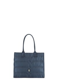 Mørkeblå quilted tote bag med to håndtag, en struktureret form og et logoaccent på fronten. Fremstillet af letvægts nylonmateriale.