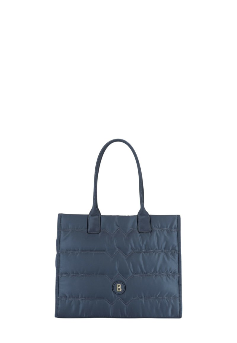 Mørkeblå quilted tote bag med to håndtag, en struktureret form og et logoaccent på fronten. Fremstillet af letvægts nylonmateriale.
