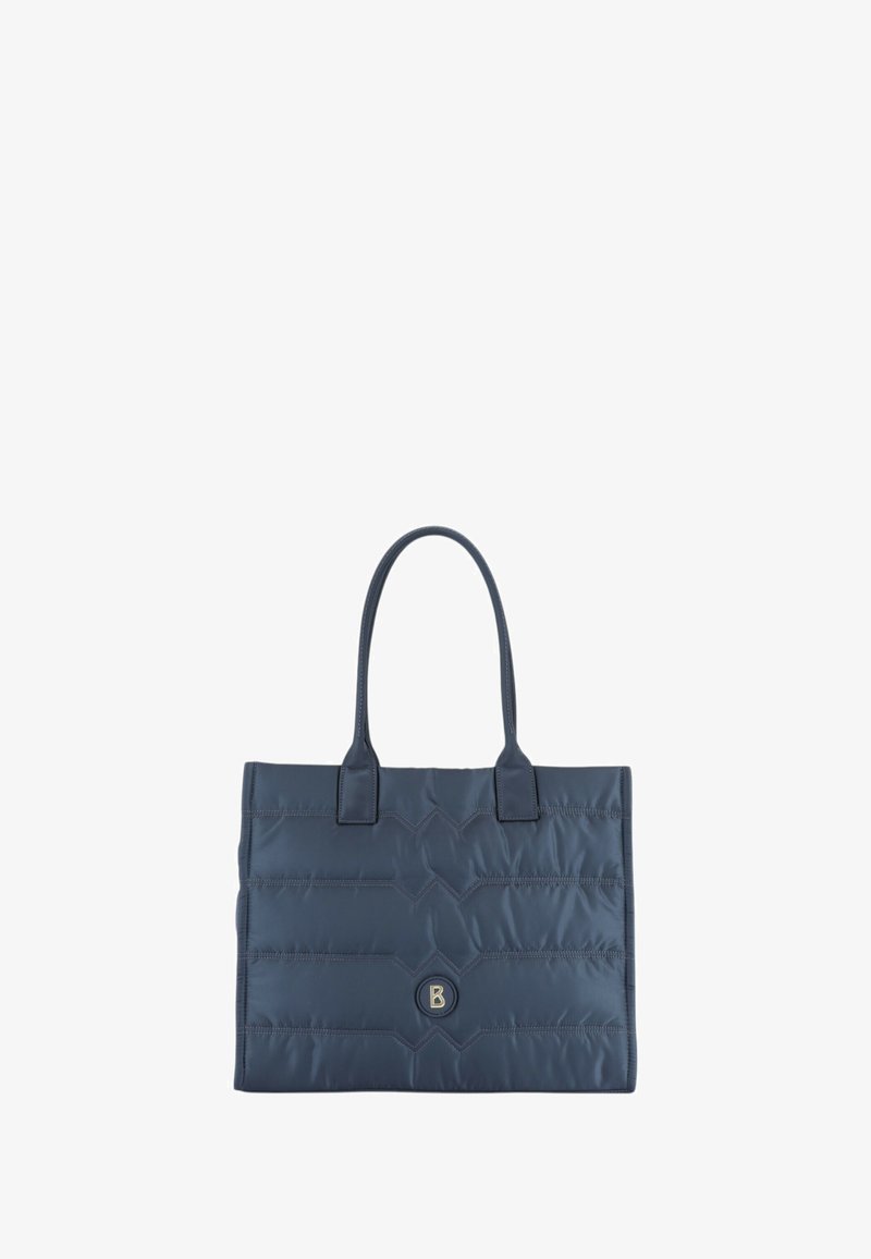 Tmavomodrá prešívaná taška cez rameno s dvomi rukoväťami, so štruktúrovaným tvarom a predným logom. Vyrobená z ľahkého nylónového materiálu.