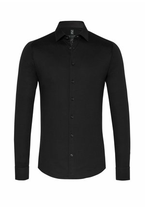Zwarte langemouwen shirt met een button-down kraag, gemaakt van gladde stof, met een bovenste knoopsluiting en een gebogen zoom.