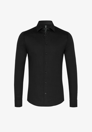 Zwarte langemouwen shirt met een button-down kraag, gemaakt van gladde stof, met een bovenste knoopsluiting en een gebogen zoom.