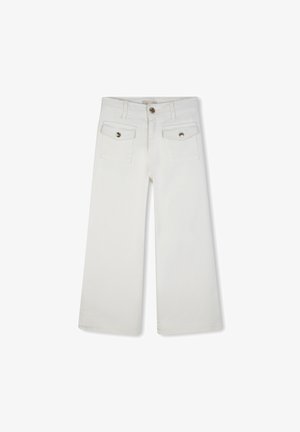 Pantalon blanc à jambes larges en mélange de coton. Comprend deux poches avant avec rabat, une texture subtile et une fermeture à un bouton à la taille.