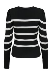 Pull noir côtelé avec des rayures blanches horizontales, manches longues et encolure ronde avec détail bouffant aux épaules.