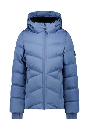 Blauwe gewatteerde winterjas met capuchon, ritssluiting aan de voorkant, zijzakken en geribbelde boorden aan de mouwen.